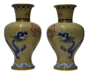 Chinese Cloisonne Pair of Blue Dragon Vases
