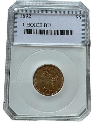 1892 $5 Gold Liberty Coin - Graded Choice Brilliant Uncirculated