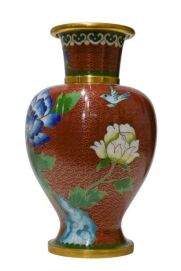 Chinese Cloisonne Blue Flower Vase w/ Deep Reddish-Orange Backround