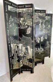 Chinese 6-panel Black Laquer Etched & Painted Screen