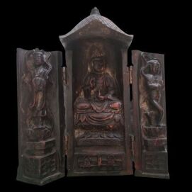 Chinese Buddist Travel Shrine - Triptych ~ Signed