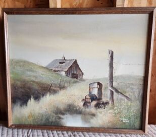 Howard Kimble Landscape Painting of old barn and tractor