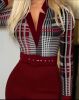 Red Plaid Print Long Sleeve Belted Work Dress - 2