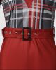 Red Plaid Print Long Sleeve Belted Work Dress - 4