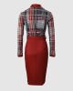 Red Plaid Print Long Sleeve Belted Work Dress - 5