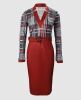 Red Plaid Print Long Sleeve Belted Work Dress - 6
