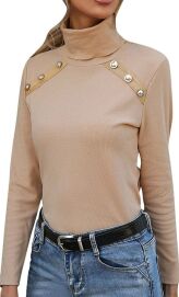 Beige Women's Casual Long Sleeve Turtleneck knit Sweater top