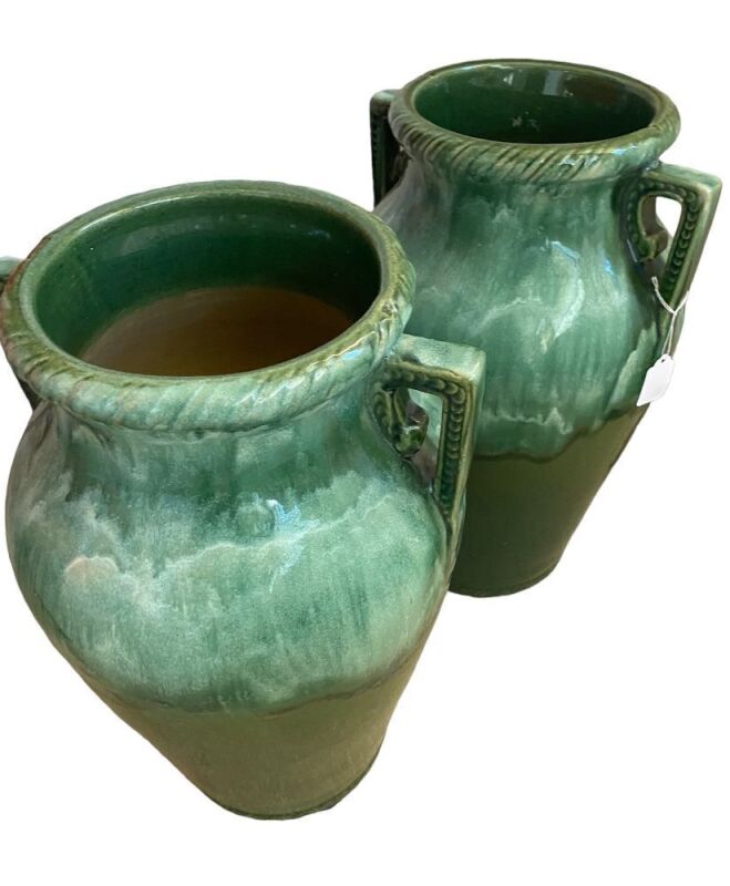 Pair of Green Glazed 18" Earthenware Vases w/ Handles