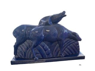 French Blue Ceramic Antelopes Sculpture by Lemanceau for Saint Clément, 1940s
