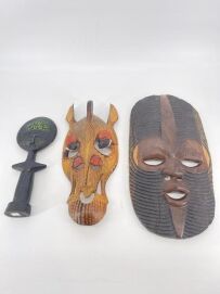 Large Wooden Face, Horse Face African, Carved Black with Beads Deity