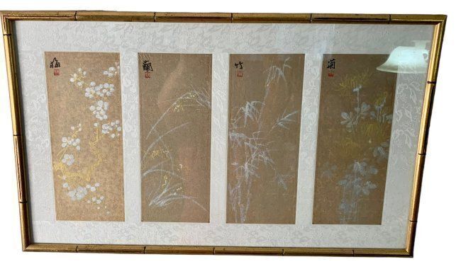 Japanese Art Piece depicting flowers - Framed 4 paper-panel with silk frame
