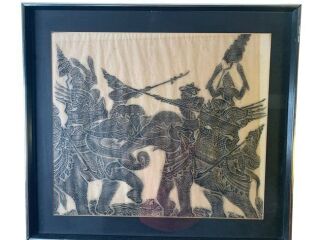 Thai Rubbing framed picture of warriors with elephants