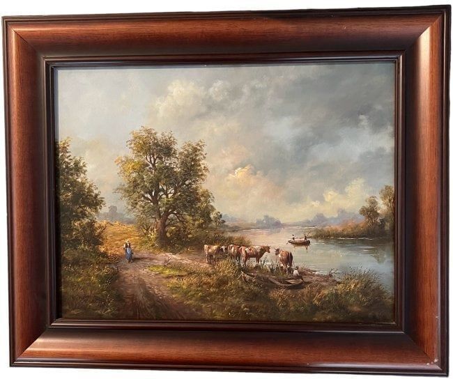Hans Baumann - Landscape depicting River and Livestock